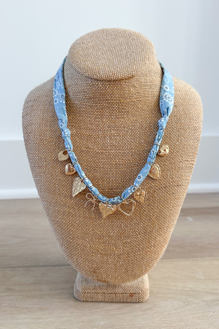 HEART RIBBON BOW MULTI CHARM FABRIC NECKLACE