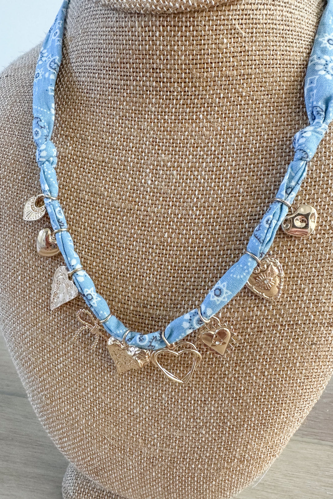 HEART RIBBON BOW MULTI CHARM FABRIC NECKLACE