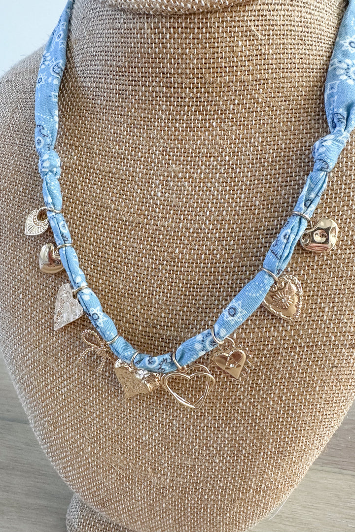 HEART RIBBON BOW MULTI CHARM FABRIC NECKLACE