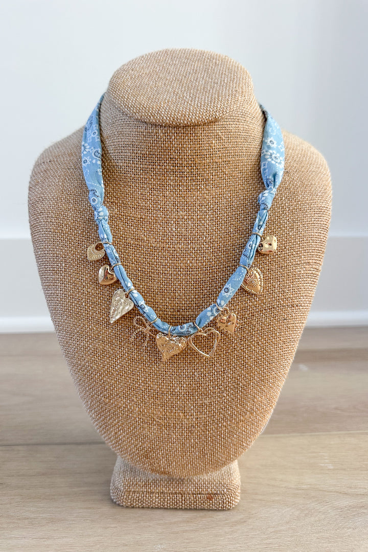 HEART RIBBON BOW MULTI CHARM FABRIC NECKLACE