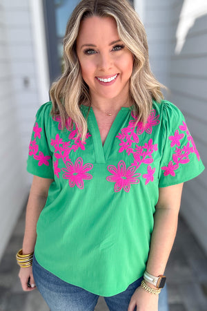 THML: Embroidered Delight Blouse - Kelly Green
