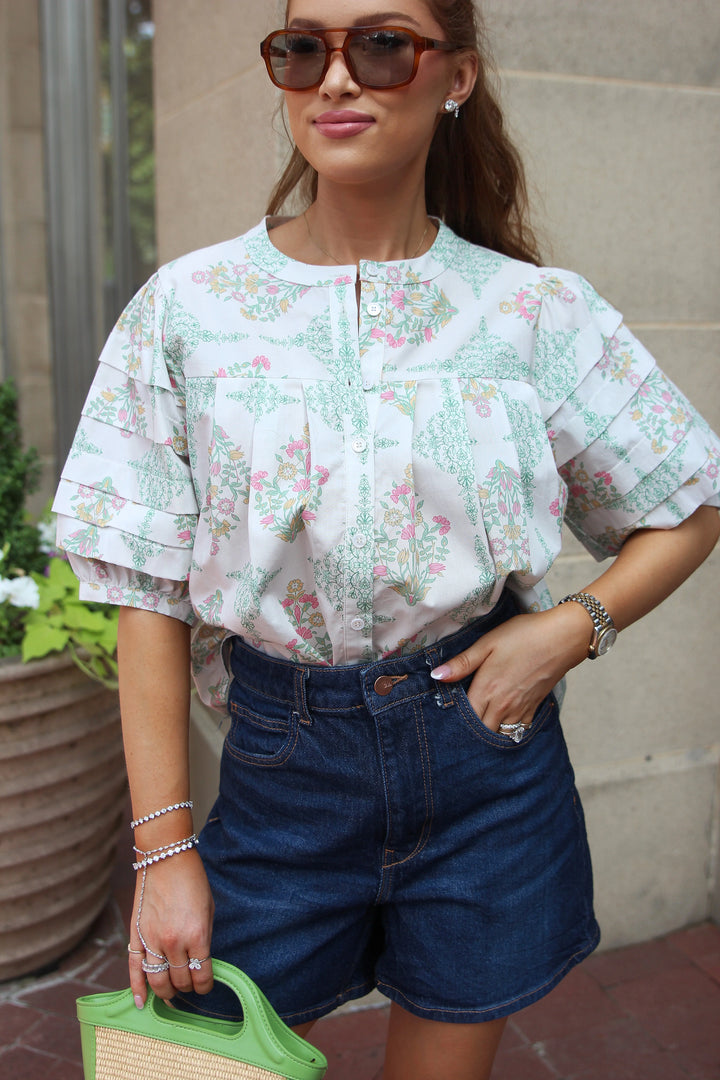 Karlie: Vintage Floral Pleat Sleeve Top