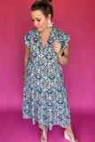 THML: Tiered Floral Midi Dress - Blue