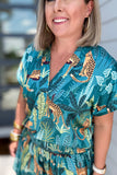 Tropical Cheetah V-Neck Blouse - Teal