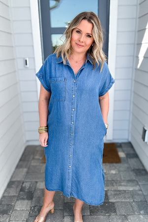 All In Button Down Chambray Midi Dress