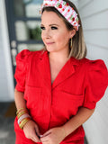 PUFF SLEEVE DENIM ROMPER - Red