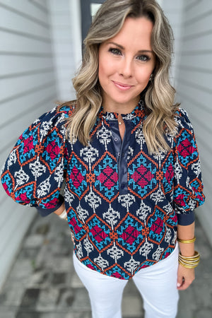 Ciebon: Navy Embroidered Top