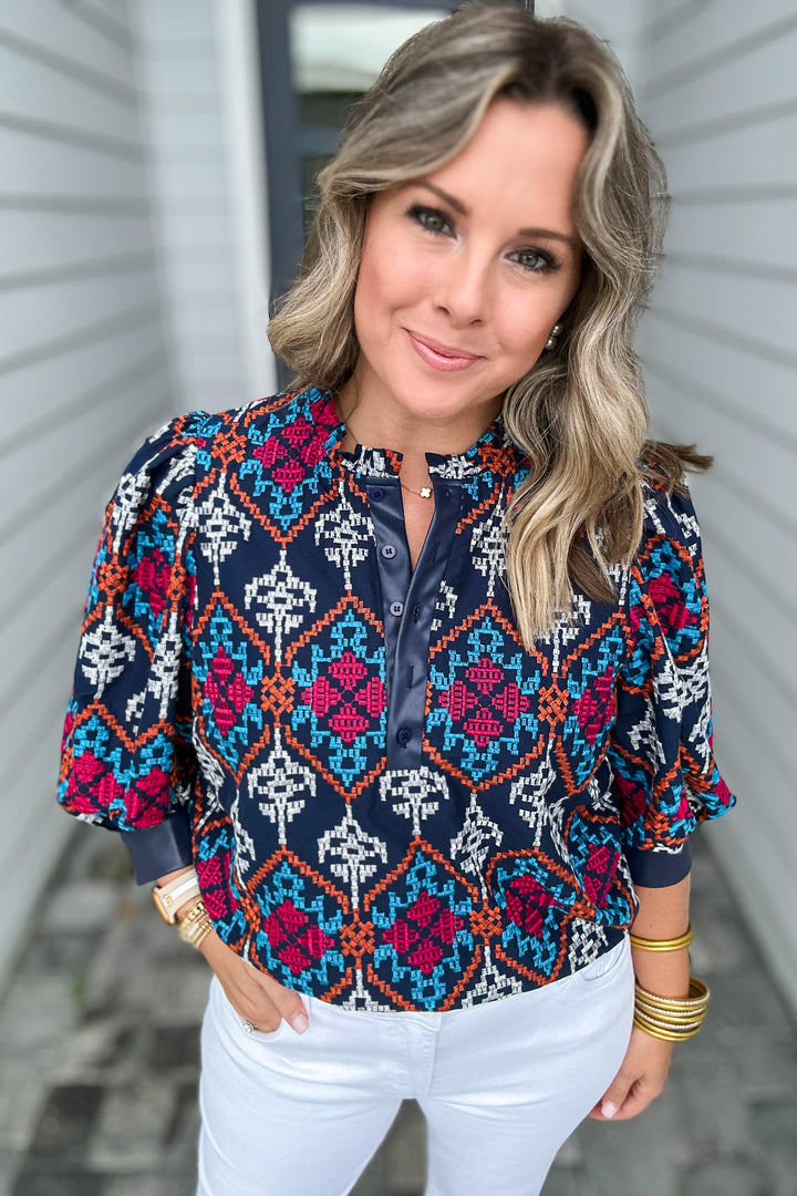 Ciebon: Navy Embroidered Top