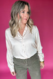 Work On Long Sleeve Satin Button Down - Cream