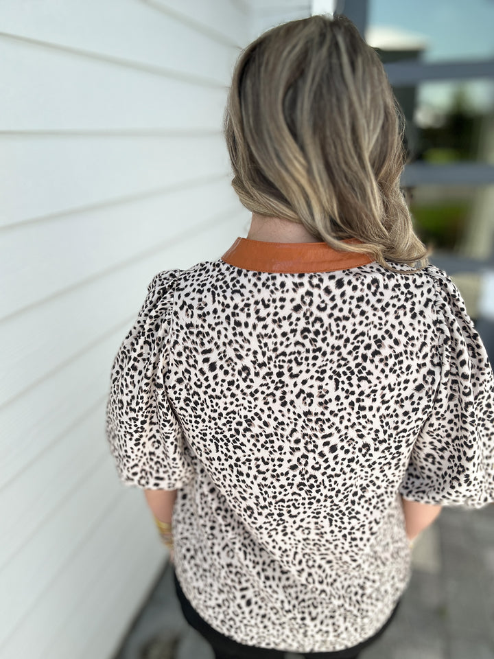 THML: Faux Leather Trim Blouse