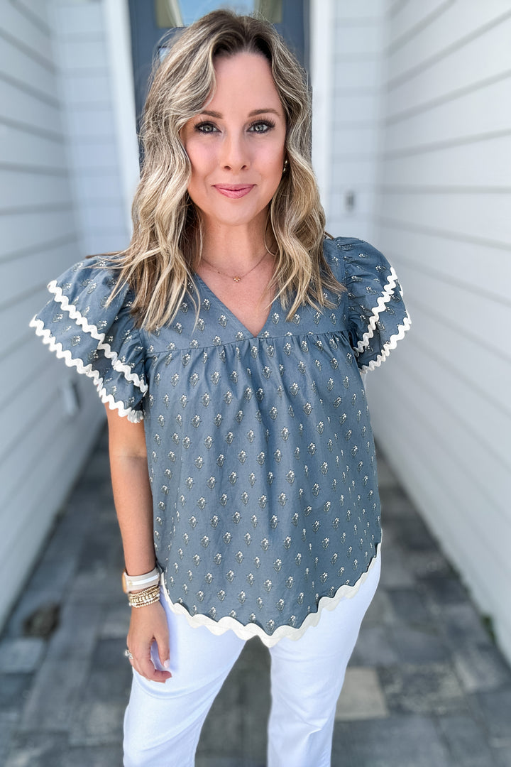 The One I Want Ric Rac Blouse - Slate Blue