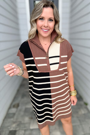 Meg Half Zip Dress - Mocha Stripe