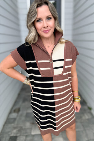 Meg Half Zip Dress - Mocha Stripe