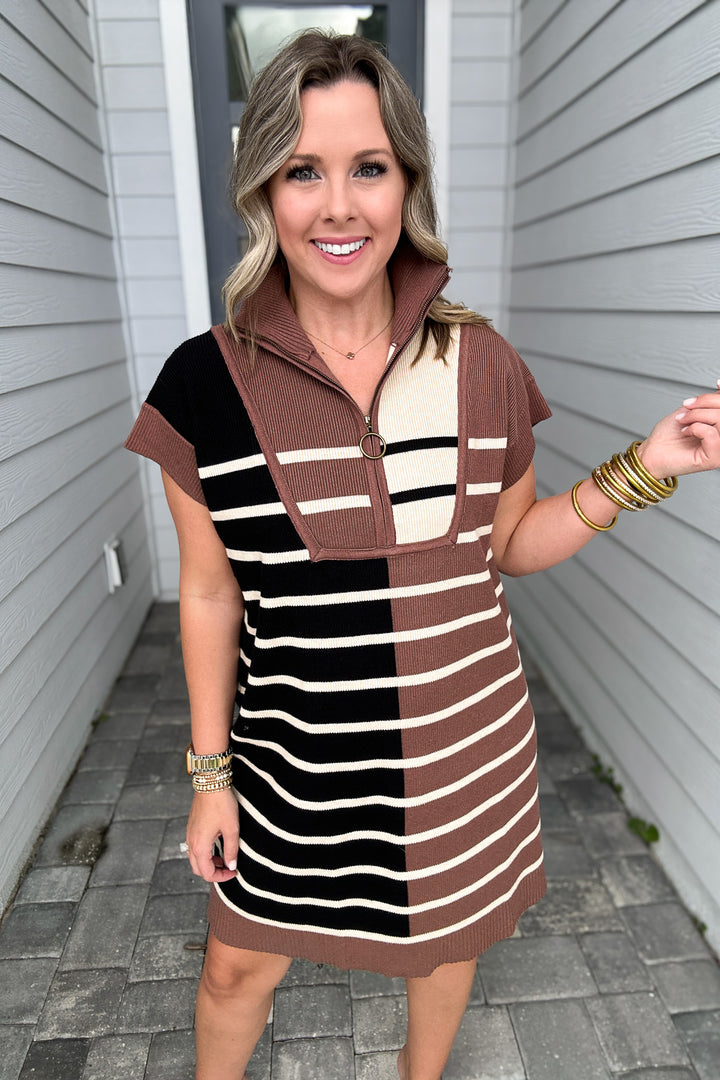 Meg Half Zip Dress - Mocha Stripe