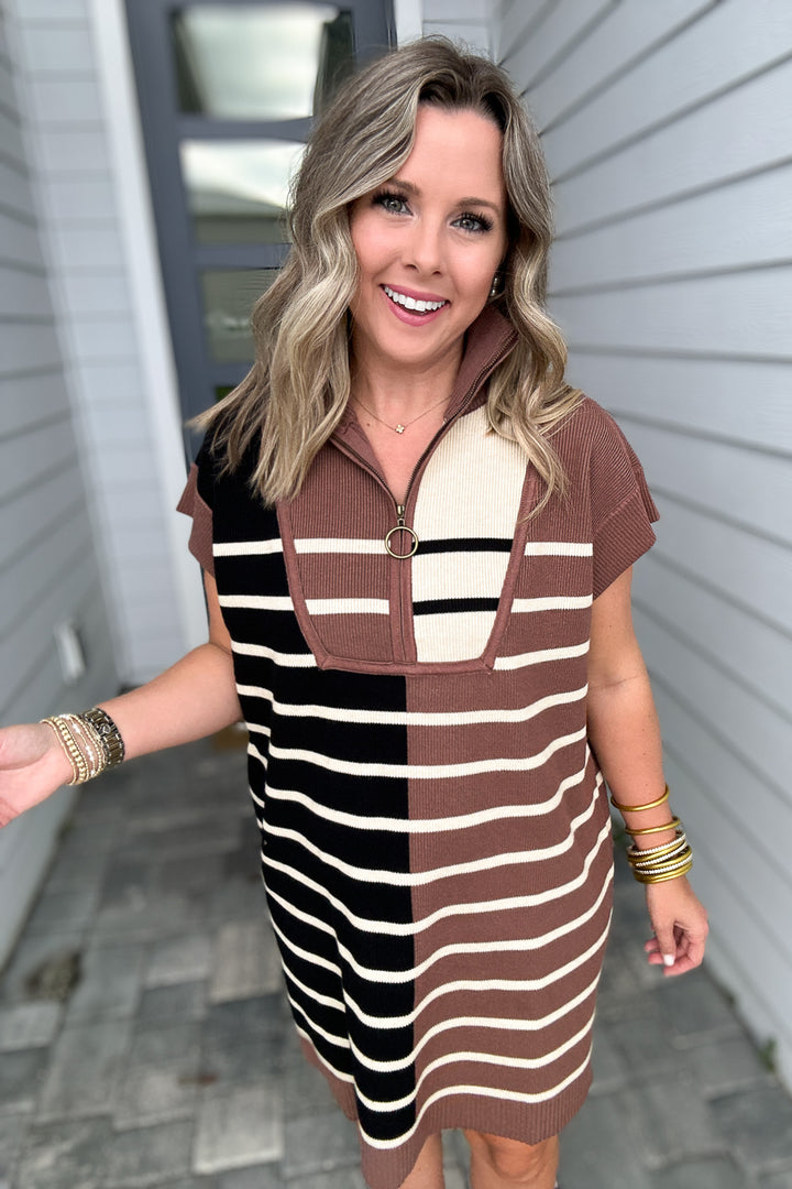 Meg Half Zip Dress - Mocha Stripe