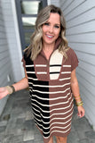 Meg Half Zip Dress - Mocha Stripe