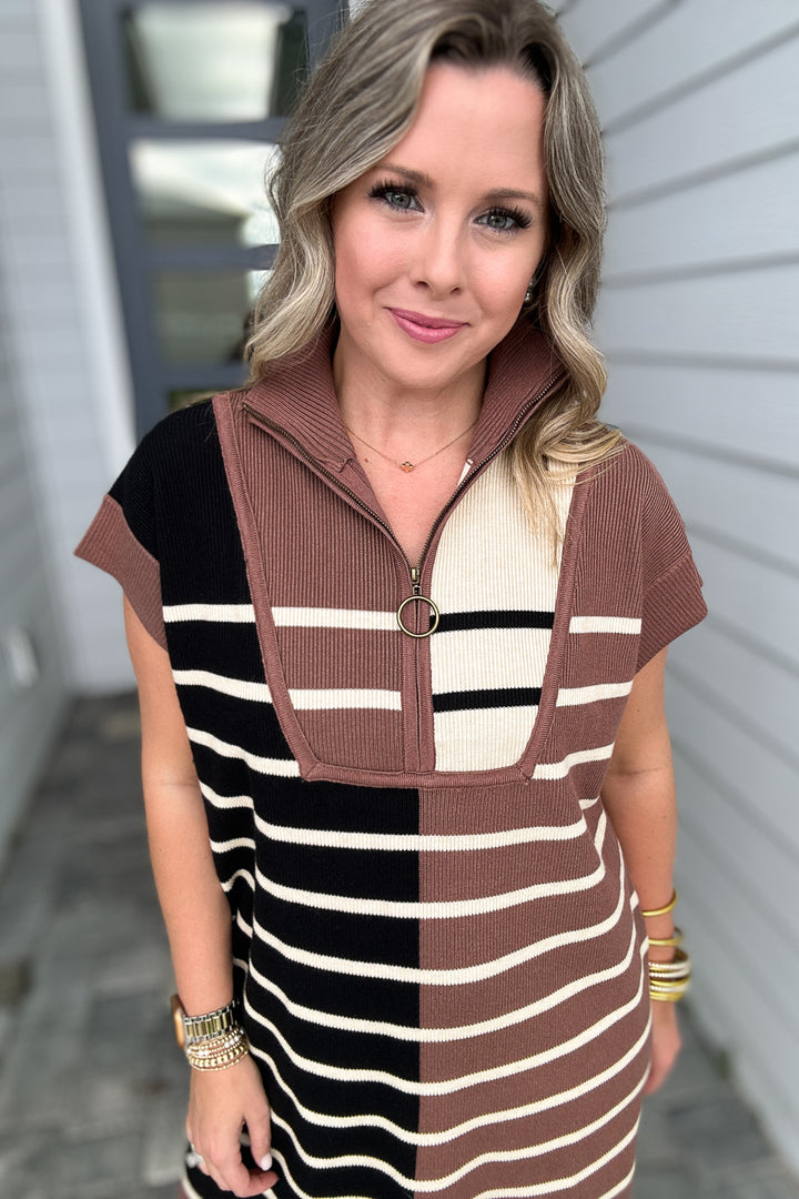 Meg Half Zip Dress - Mocha Stripe