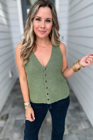 RIBBED V-NECK BUTTON UP SWEATER VEST - Green