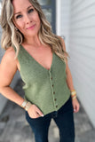 RIBBED V-NECK BUTTON UP SWEATER VEST - Green