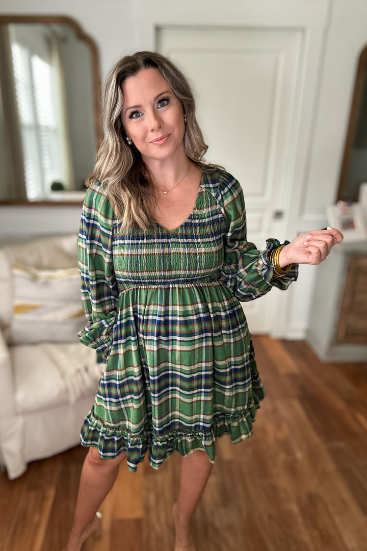 Smocked Plaid Babydoll Dress - Green