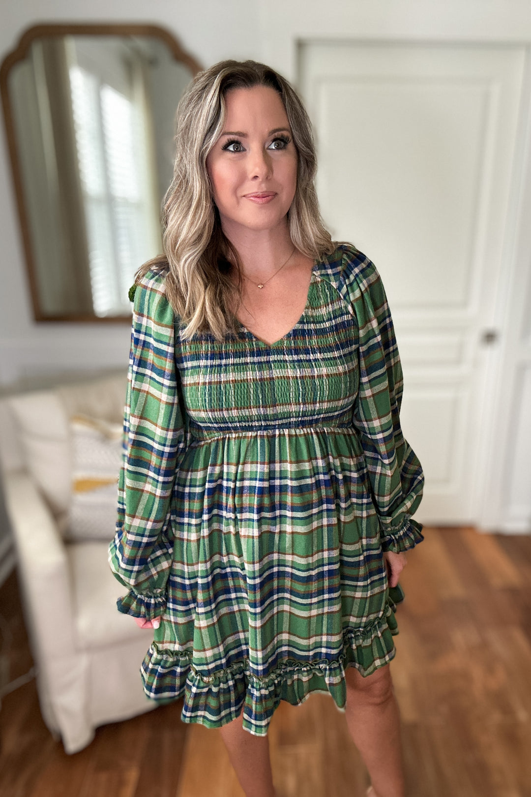 Smocked Plaid Babydoll Dress - Green