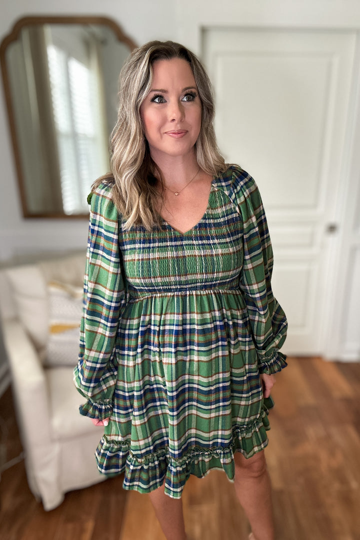 Smocked Plaid Babydoll Dress - Green