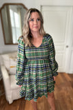 Smocked Plaid Babydoll Dress - Green