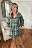 Smocked Plaid Babydoll Dress - Green