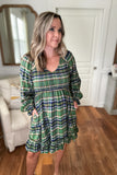 Smocked Plaid Babydoll Dress - Green