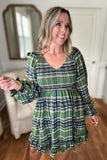 Smocked Plaid Babydoll Dress - Green