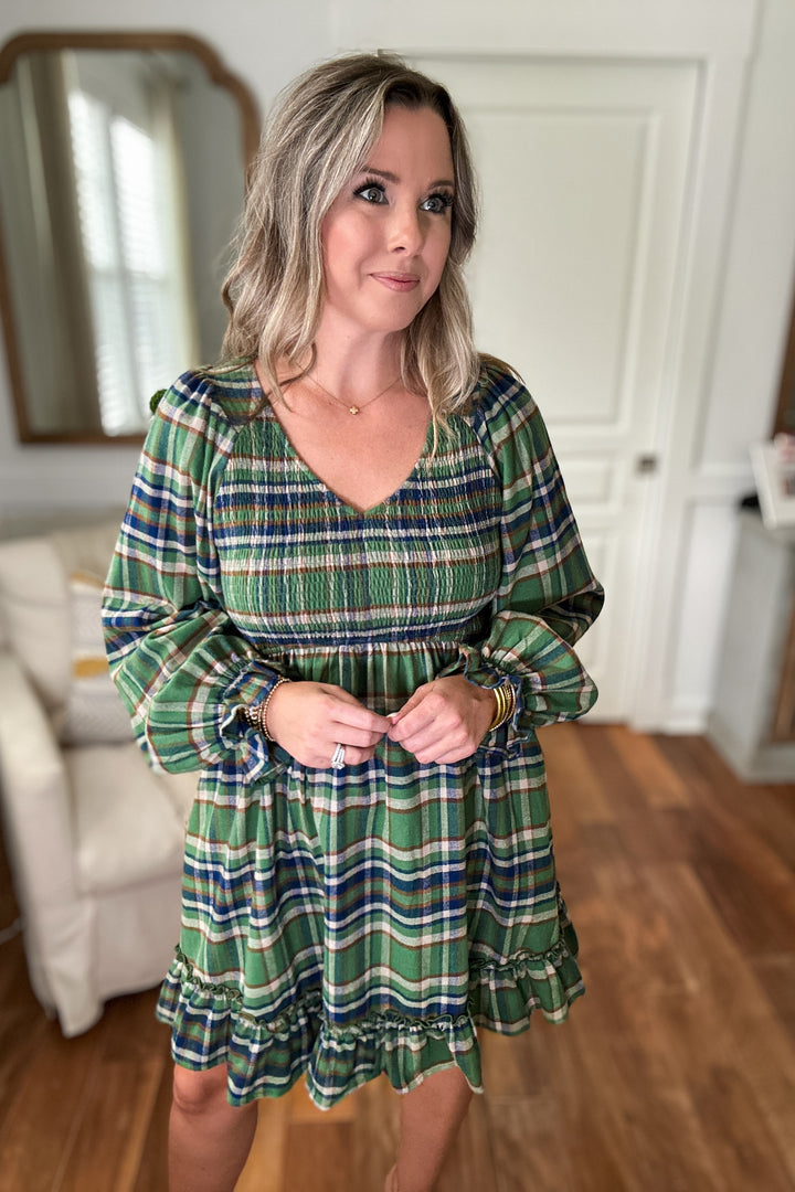 Smocked Plaid Babydoll Dress - Green