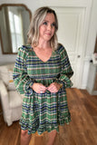 Smocked Plaid Babydoll Dress - Green