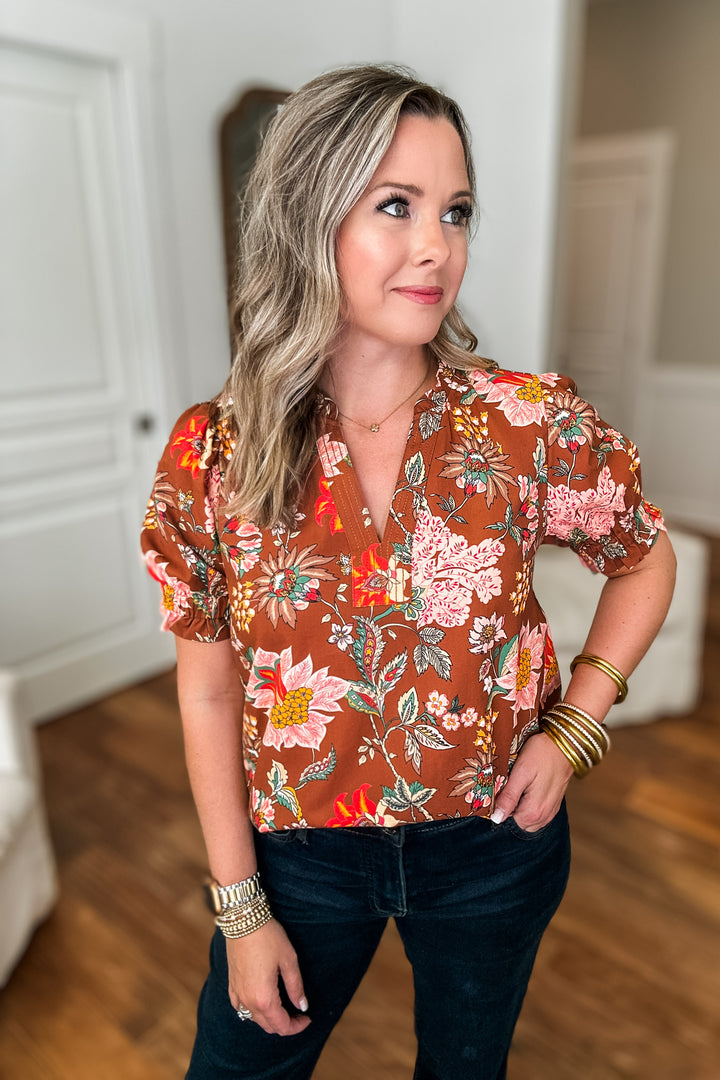 THML: Forever Falling Floral Blouse - Brown Multi