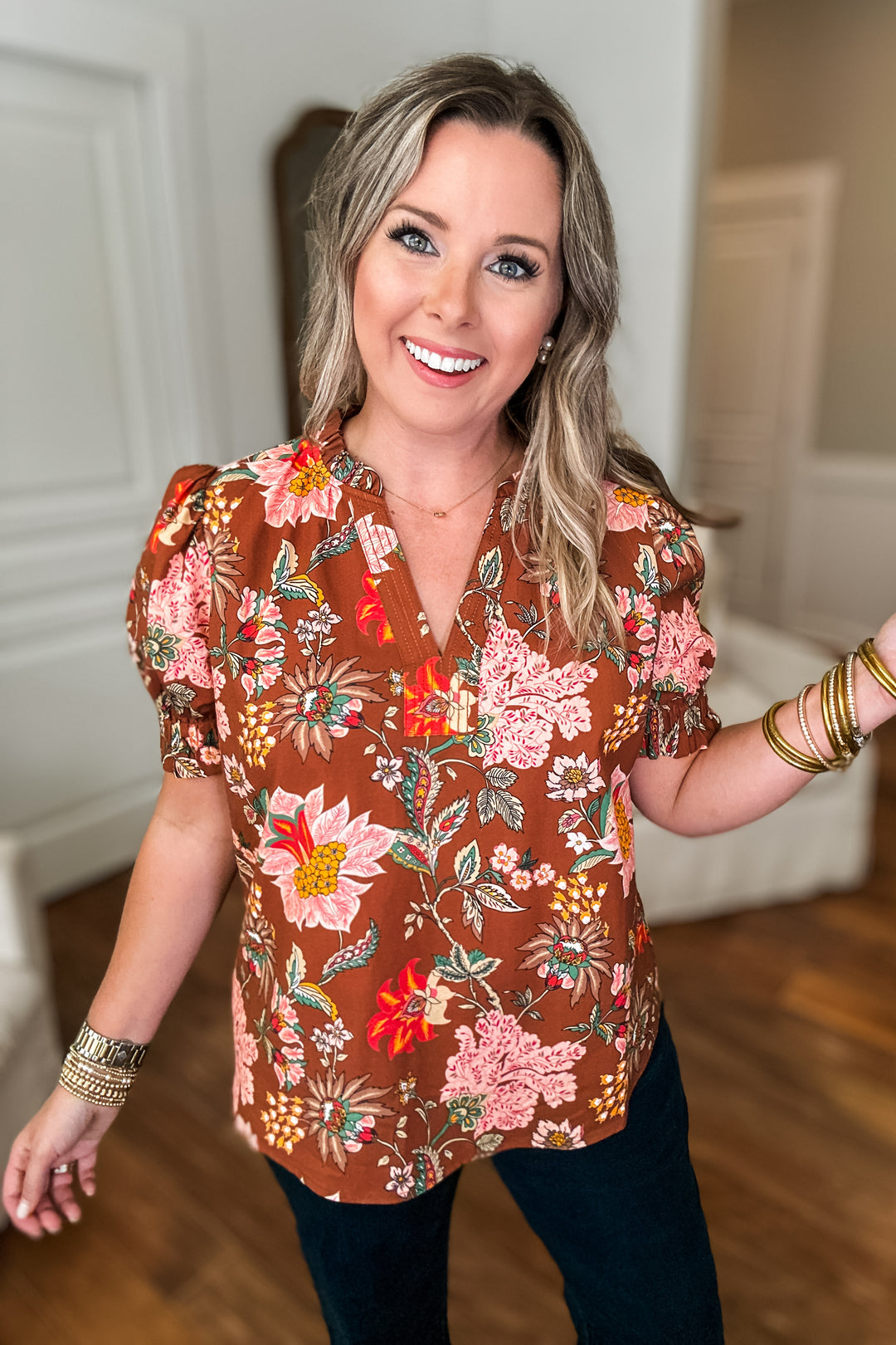 THML: Forever Falling Floral Blouse - Brown Multi