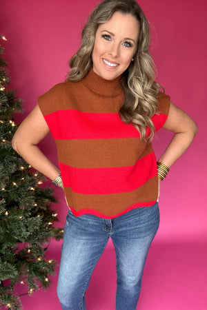 Nice Enough Scallop Sweater Top - Camel Stripes