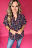 Plaid It Is Ruffle Blouse - Navy