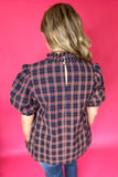 Plaid It Is Ruffle Blouse - Navy