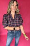 Plaid It Is Ruffle Blouse - Navy