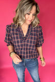 Plaid It Is Ruffle Blouse - Navy