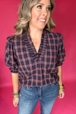 Plaid It Is Ruffle Blouse - Navy