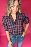 Plaid It Is Ruffle Blouse - Navy