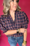 Plaid It Is Ruffle Blouse - Navy