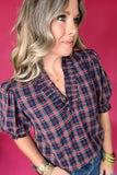 Plaid It Is Ruffle Blouse - Navy