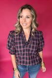 Plaid It Is Ruffle Blouse - Navy