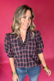 Plaid It Is Ruffle Blouse - Navy