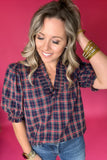 Plaid It Is Ruffle Blouse - Navy