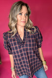 Plaid It Is Ruffle Blouse - Navy