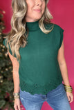 Scallop Mock Neck Short Sleeve Sweater -  Hunter Green