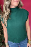 Scallop Mock Neck Short Sleeve Sweater -  Hunter Green