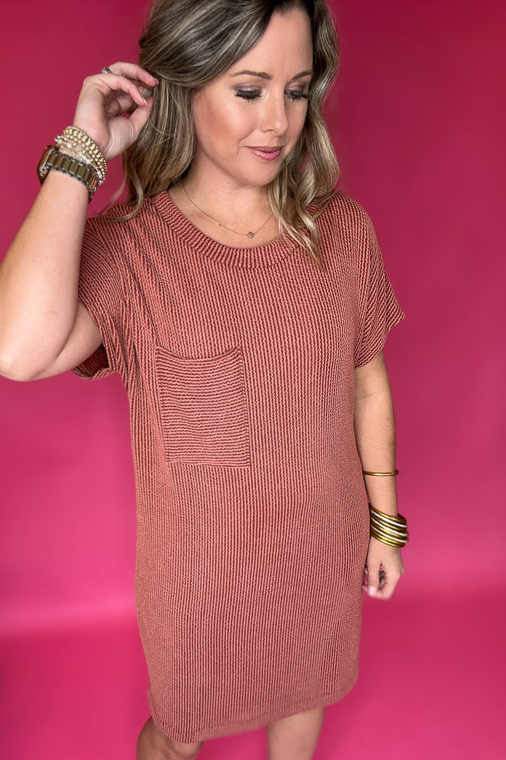 Ribbed It Is Dress - Rust